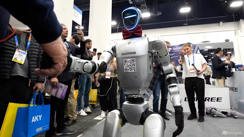 Unitree G1 humanoid robot at gadget show event, demonstrating multi-day rental deployment