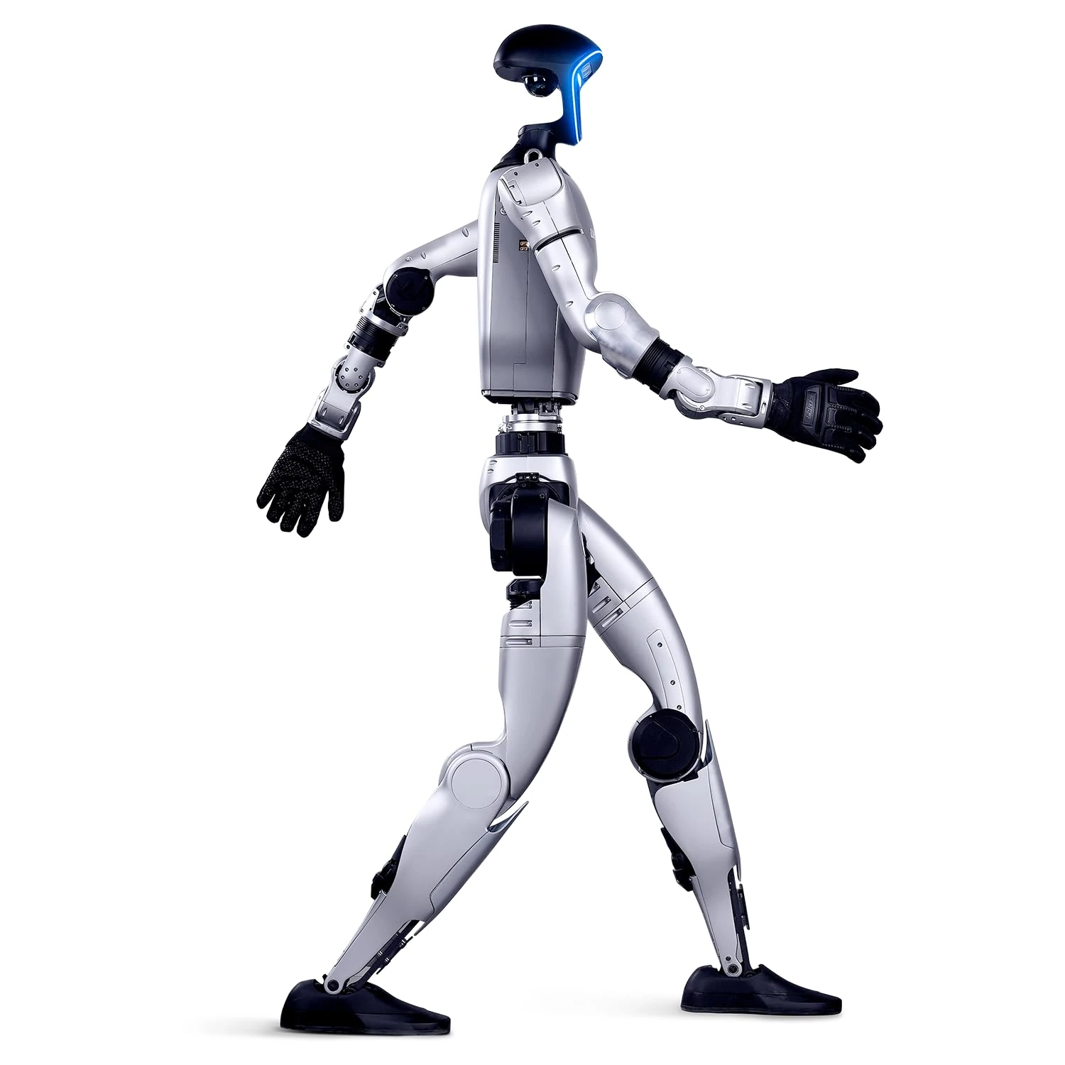 Unitree G1 humanoid robot walking side profile view, available for multi-day rental from ZMP robots