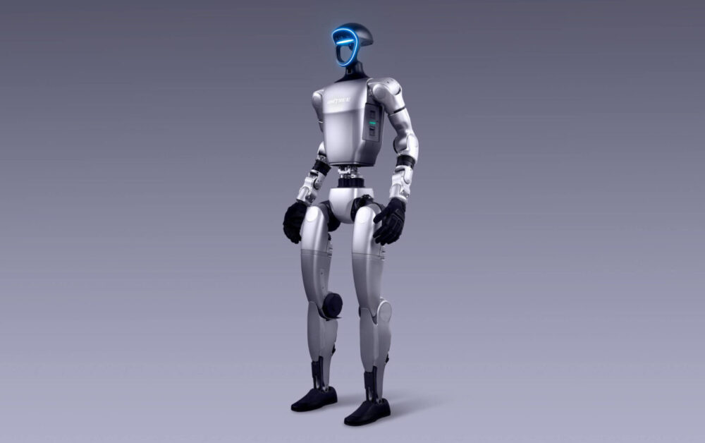 Unitree G1 humanoid robot standing ready for event deployment at trade show