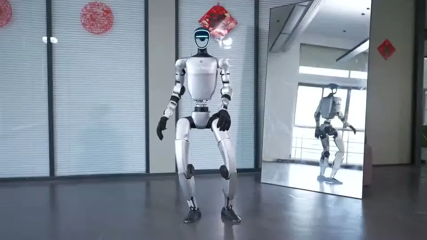 Unitree G1 humanoid robot displayed at full height showing the complete 41 degree of freedom event-deployable configuration