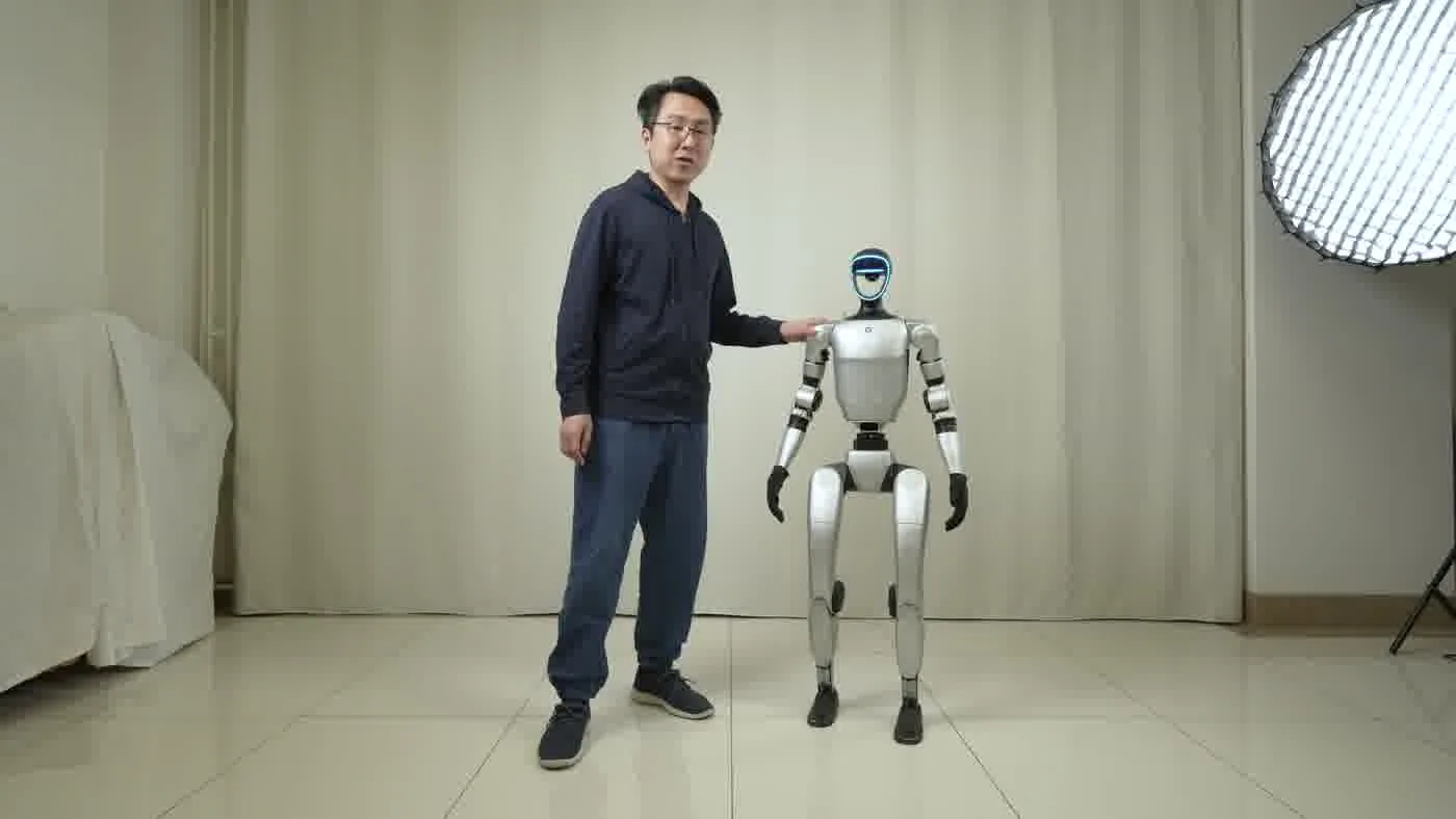 Unitree G1 humanoid robot at a trade show booth with visitors nearby showing the event activation use case
