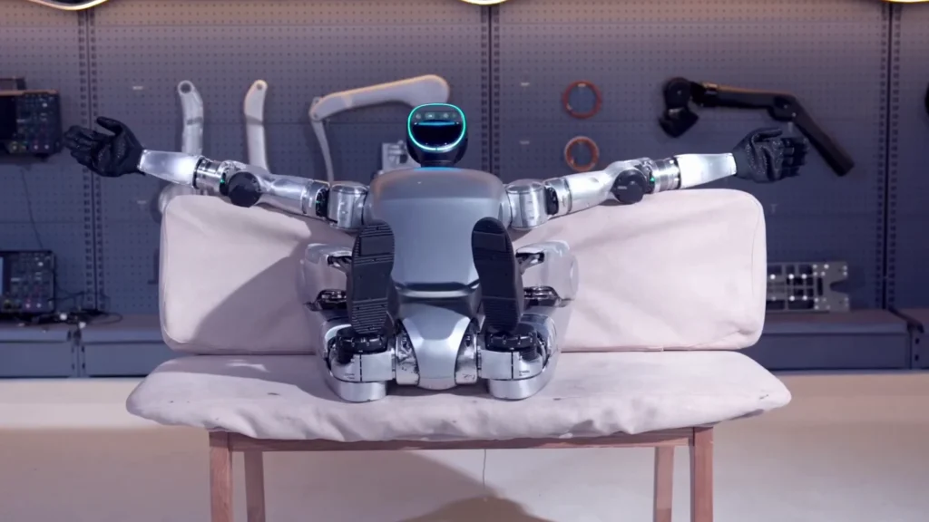 Unitree G1 humanoid robot recovering from floor position — getting up requires complex balance and coordination algorithms