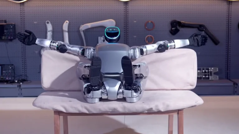Unitree G1 humanoid robot recovering from floor position — getting up requires complex balance and coordination algorithms