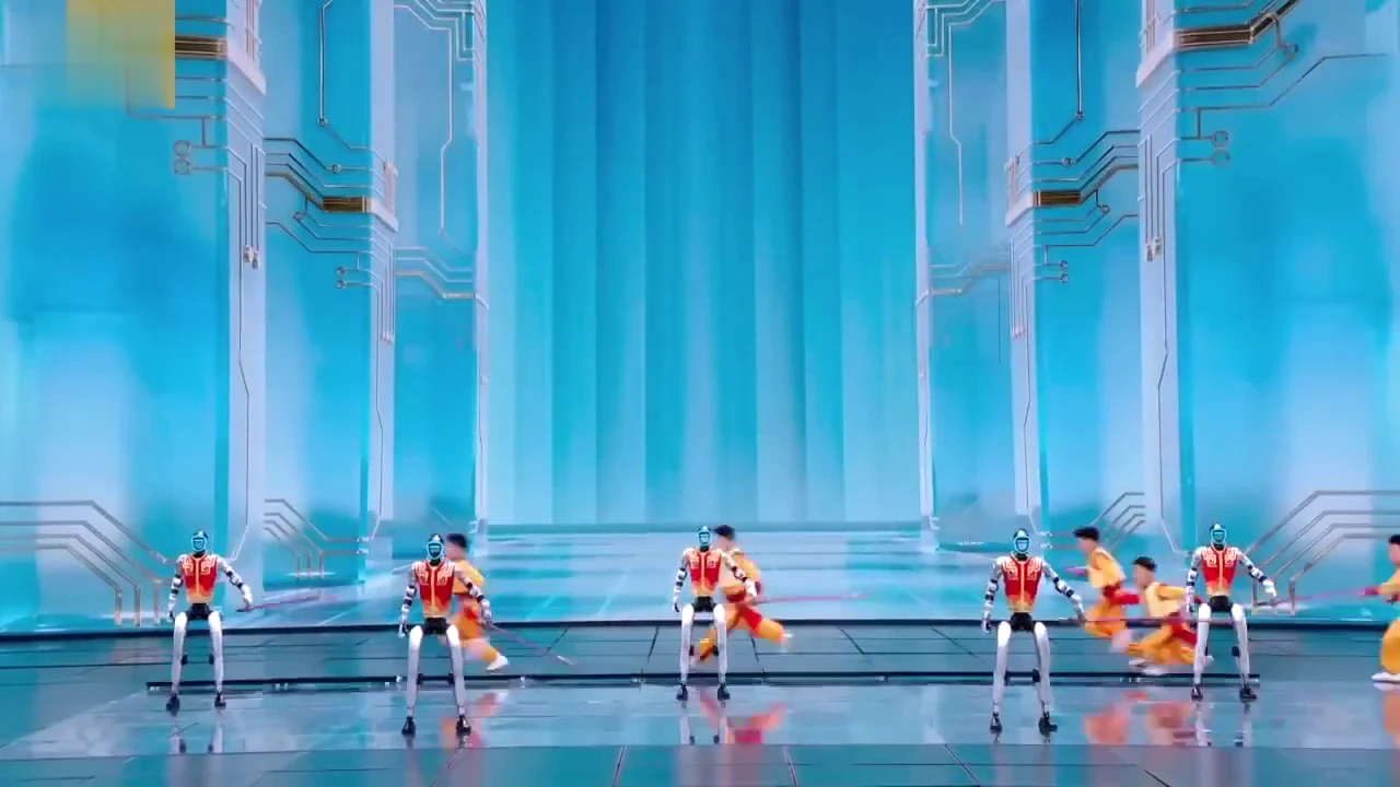 Four Unitree G1 robots on stage at live event — synchronized multi-robot performance for brand activation campaigns
