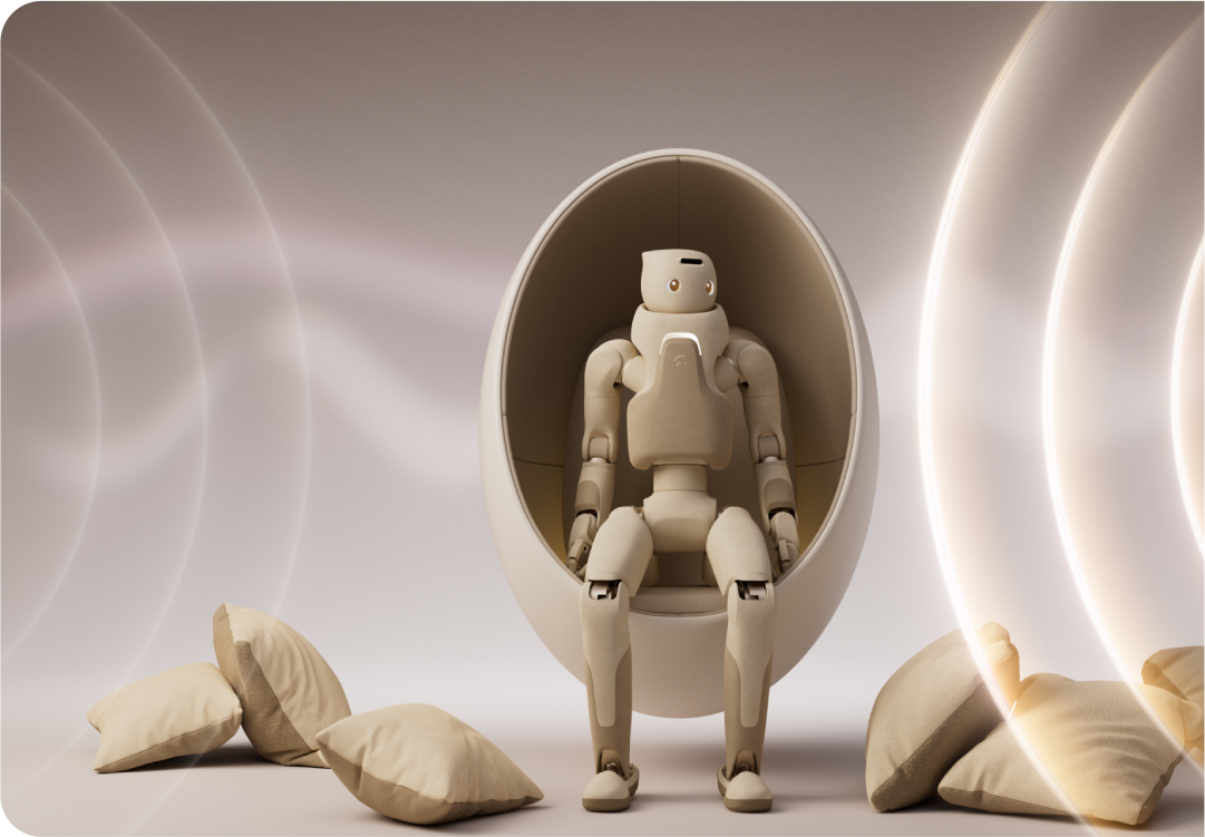 Fourier GR-3 care humanoid robot seated in an egg-shaped pod with cushions around it