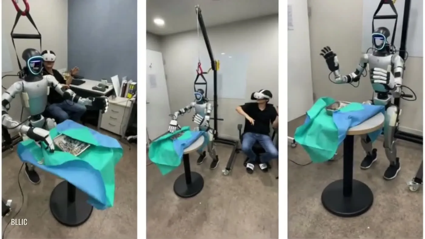 Unitree G1 humanoid robot hands and arm joints demonstrating the dexterous five-finger gripper capability during a demo