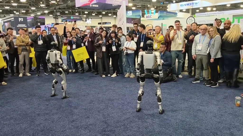 Unitree G1 humanoid robot at CES 2026 trade show — humanoid robot for rent with daily and weekly pricing from $299