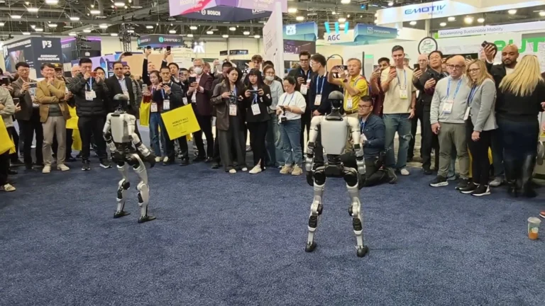 Unitree G1 humanoid robot at CES 2026 trade show — humanoid robot for rent with daily and weekly pricing from $299