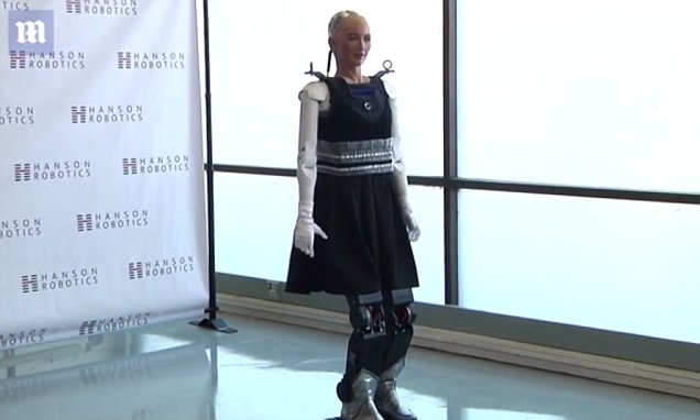 Sophia robot by Hanson Robotics at press event - Sophia does not walk independently, she uses a wheeled base