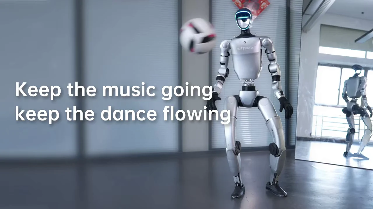 Unitree G1 humanoid robot performing in front of mirror showing full-body humanoid design and movement capability