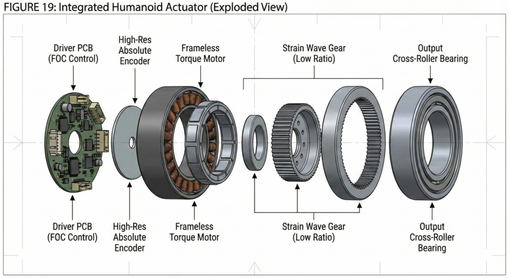 Humanoid robot integrated actuator exploded view diagram showing motor and gearbox components