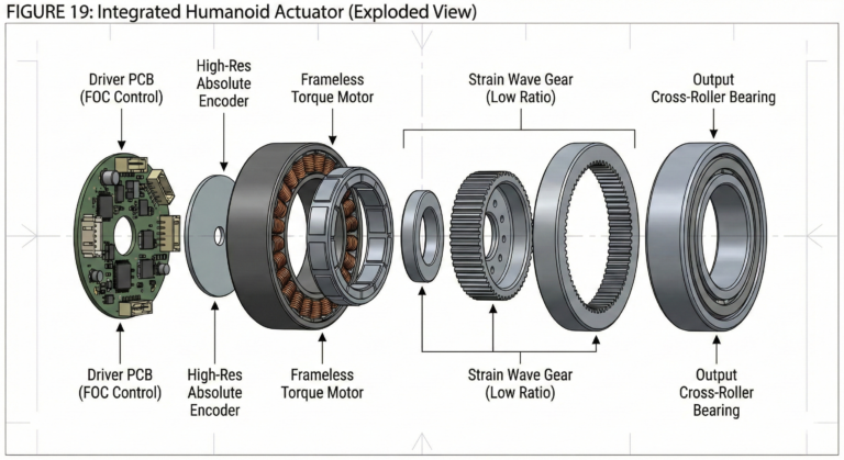 Humanoid robot integrated actuator exploded view diagram showing motor and gearbox components