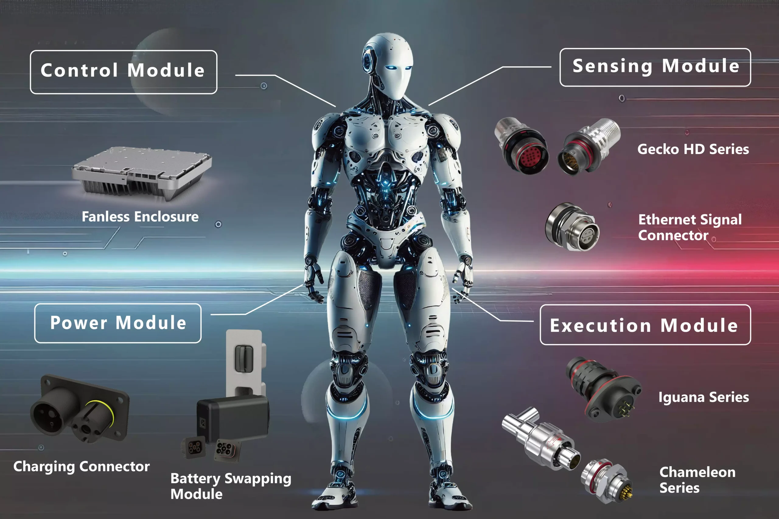 Humanoid robot core structure breakdown showing frame skeleton and component layout