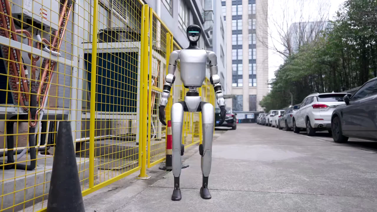 Unitree G1 humanoid robot walking through city streets — available for humanoid robot rental from $299 per day