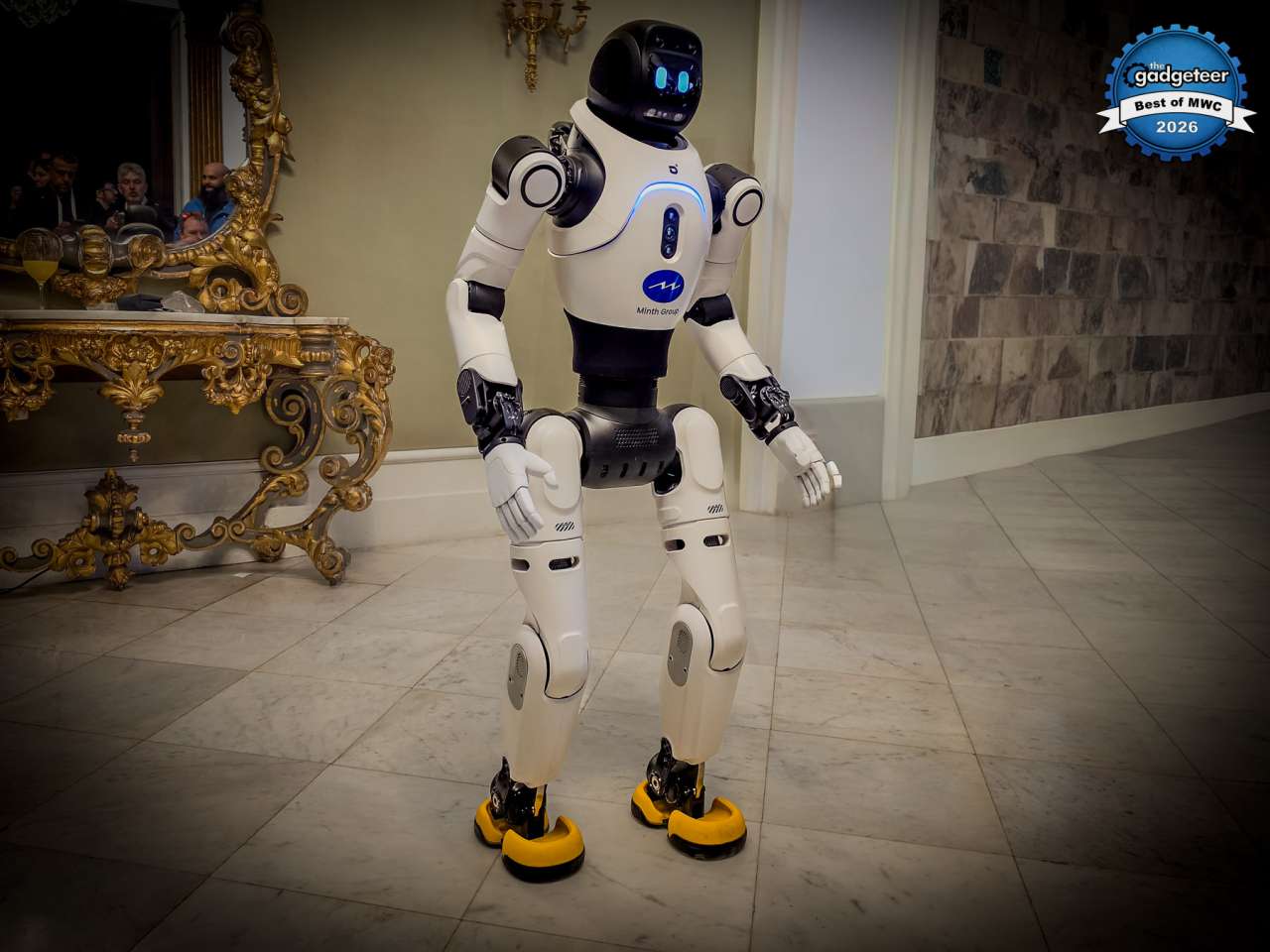 AgiBot X2 humanoid robot by Zhiyuan Robot walking demonstration with bipedal movement and expressive design at MWC 2026