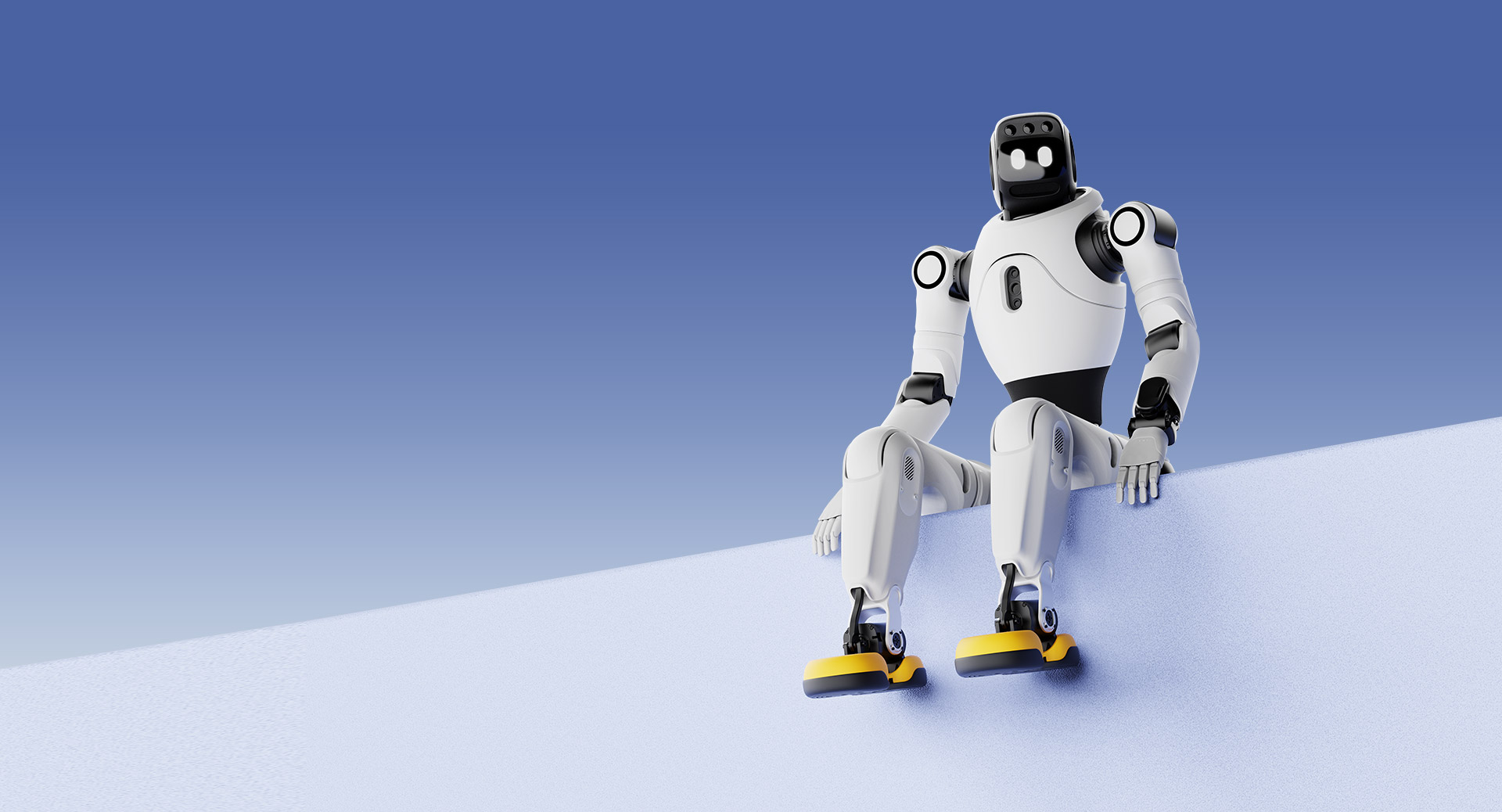 AgiBot X2 humanoid robot, white and black bipedal walking robot with yellow soles