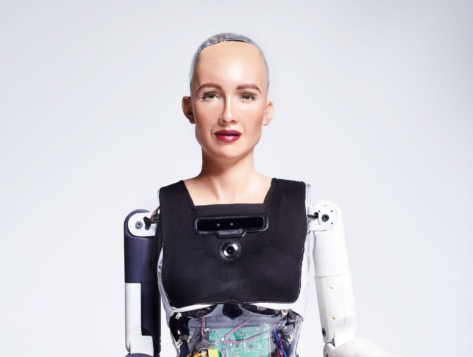 Sophia humanoid robot by Hanson Robotics, female-presenting head with realistic facial expressions and visible internal electronics