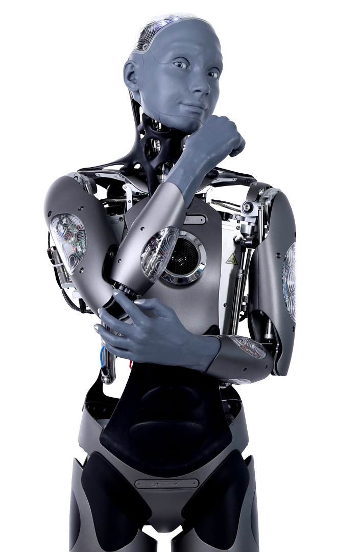 Ameca humanoid robot by Engineered Arts, full figure with grey skin and silver body