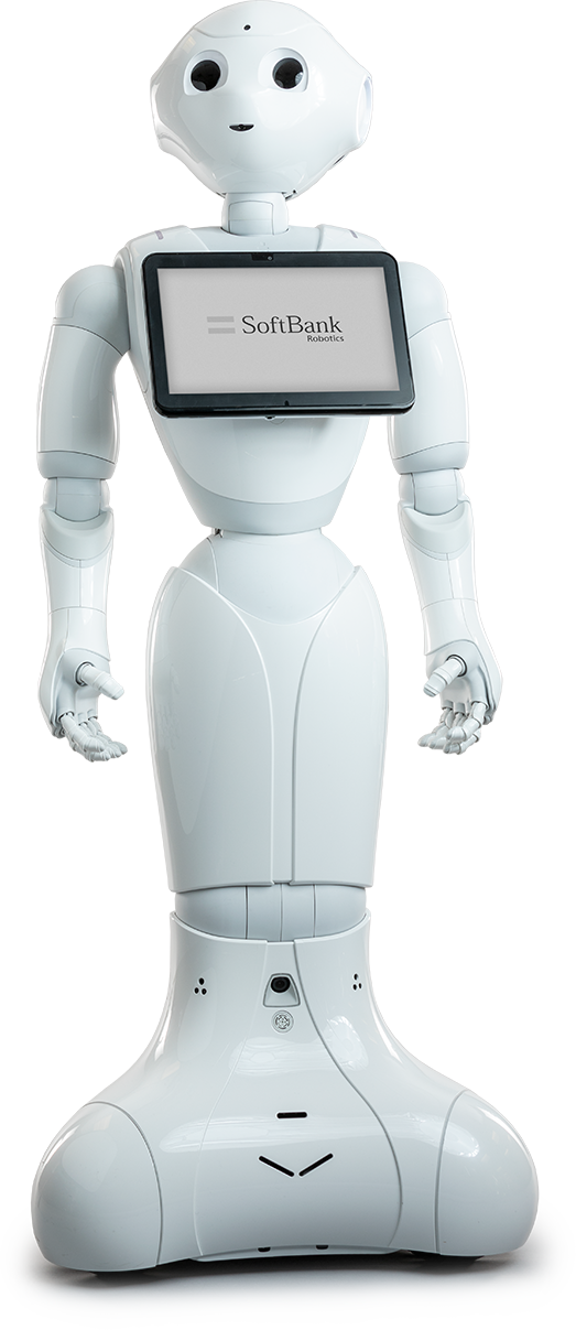 SoftBank Pepper social robot with white body and chest tablet display in retail or hospitality setting