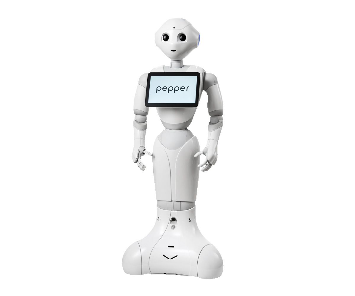 SoftBank Pepper robot, white humanoid greeter on wheeled base with chest tablet