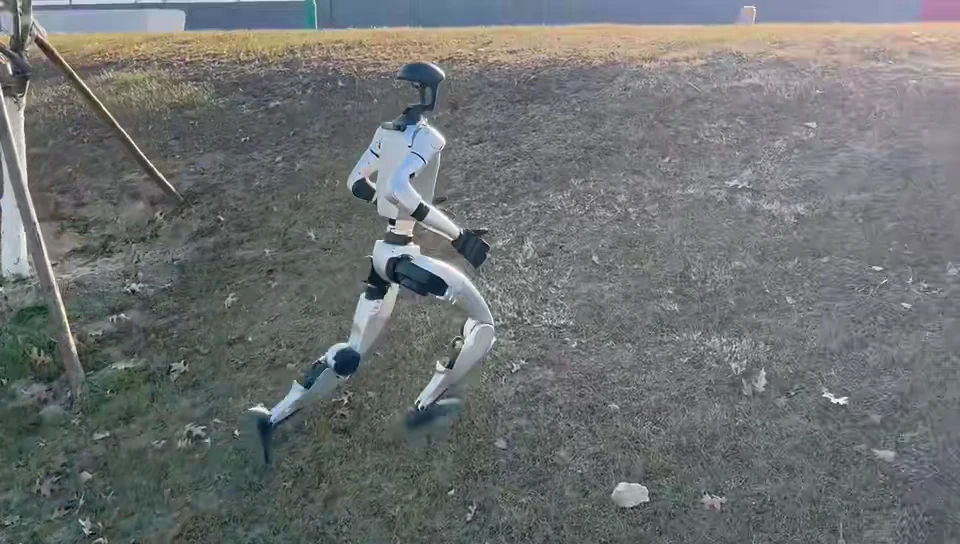 Unitree G1 humanoid robot jogging outdoors, showing the mobility and range needed to rent Unitree G1 at events