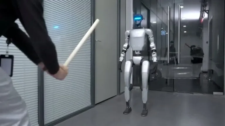 Unitree G1 humanoid robot performing a live demonstration at an indoor trade show booth for event attendees