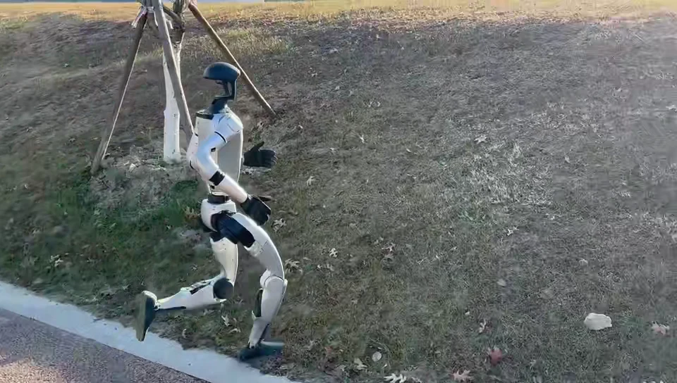 Unitree G1 robot jogging in a park environment, demonstrating the movement quality that makes it valuable for brand events