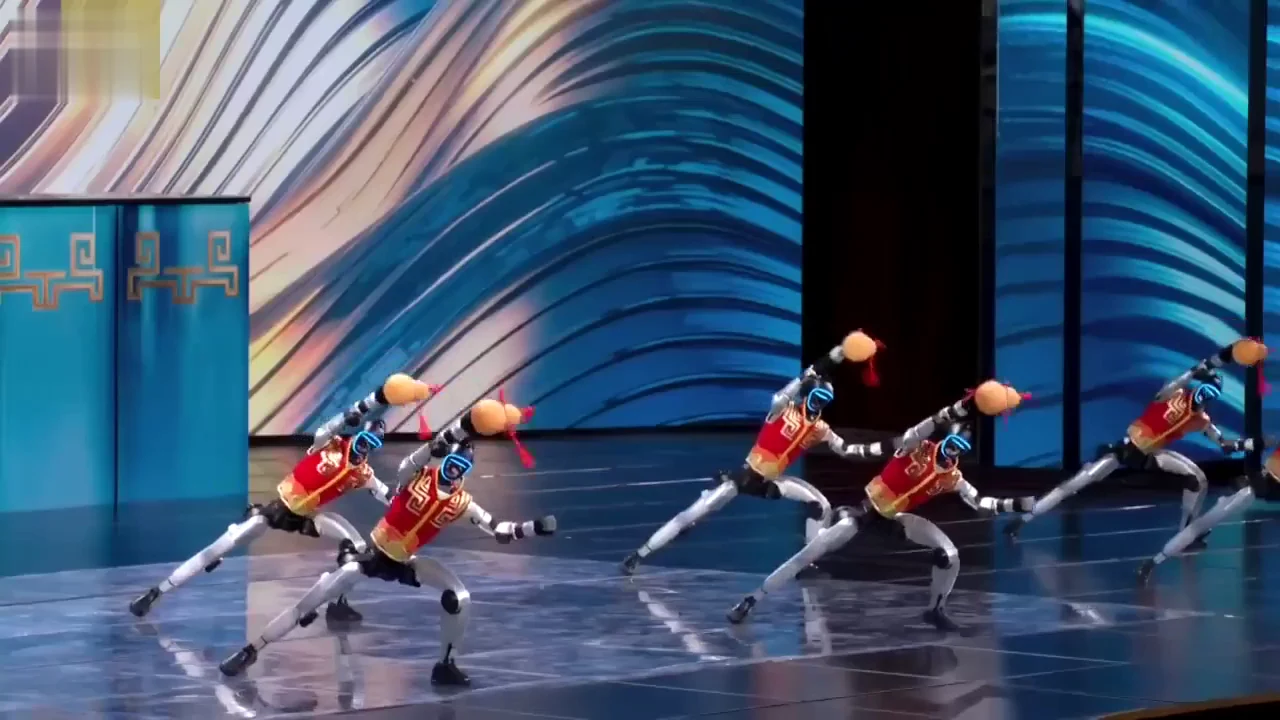 Unitree G1 humanoid robots on stage at a performance event, showing rental deployment scope