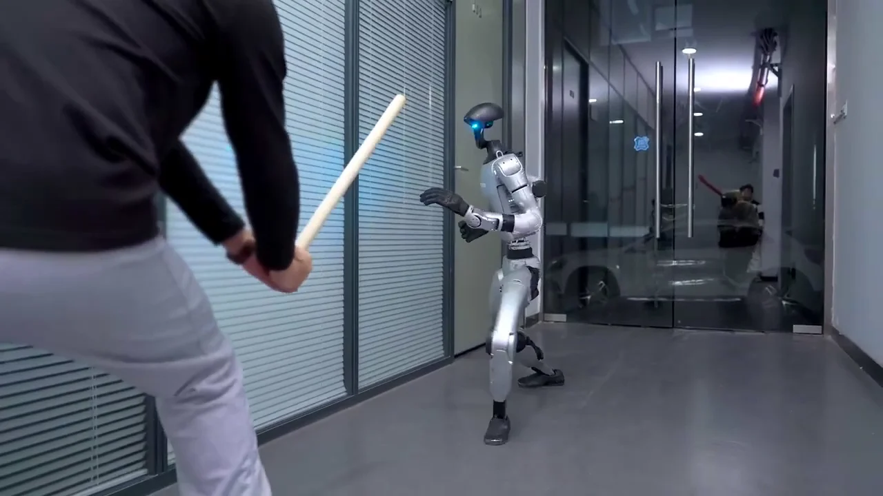 Unitree G1 humanoid robot demonstrating agility and range of motion at a live event deployment