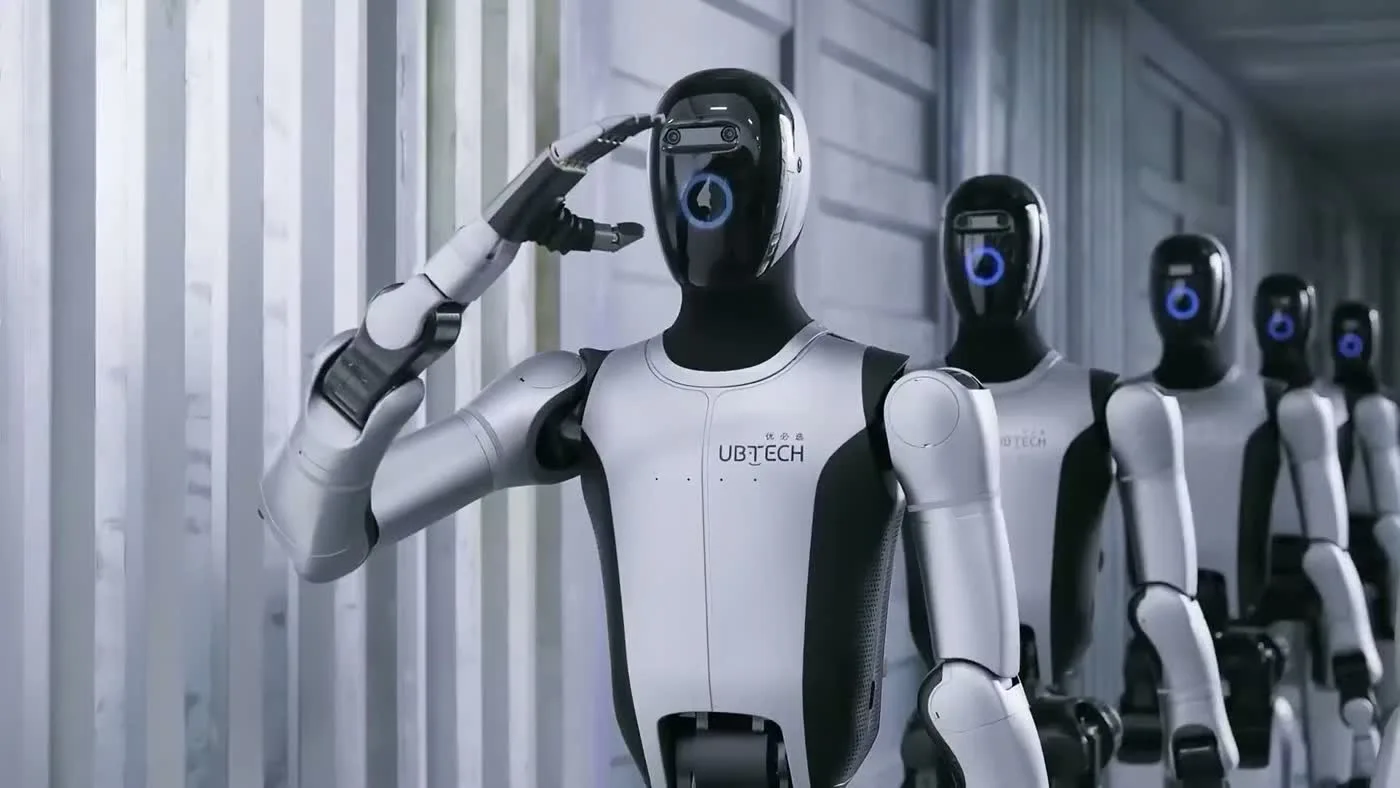 Unitree G1 humanoid robot standing in exhibit position, 127cm tall and 35kg, ready for museum floor deployment