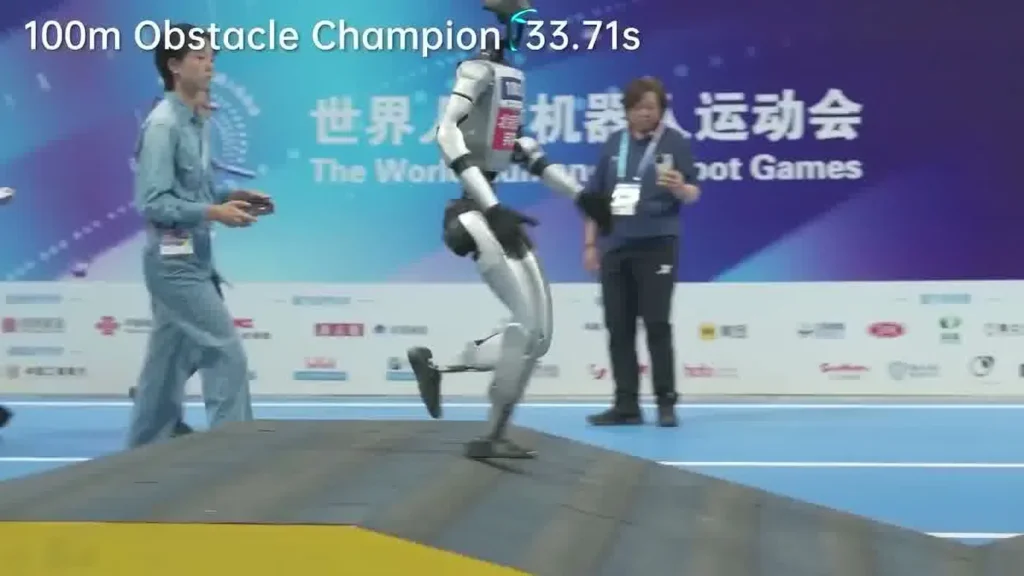 Unitree G1 humanoid robot competing in a 100m obstacle course event, demonstrating its athletic mobility