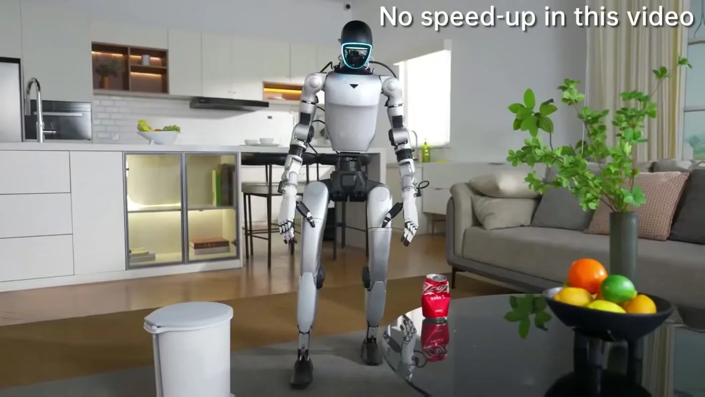 Unitree G1 humanoid robot walking through a living room environment during a real-time capability demonstration