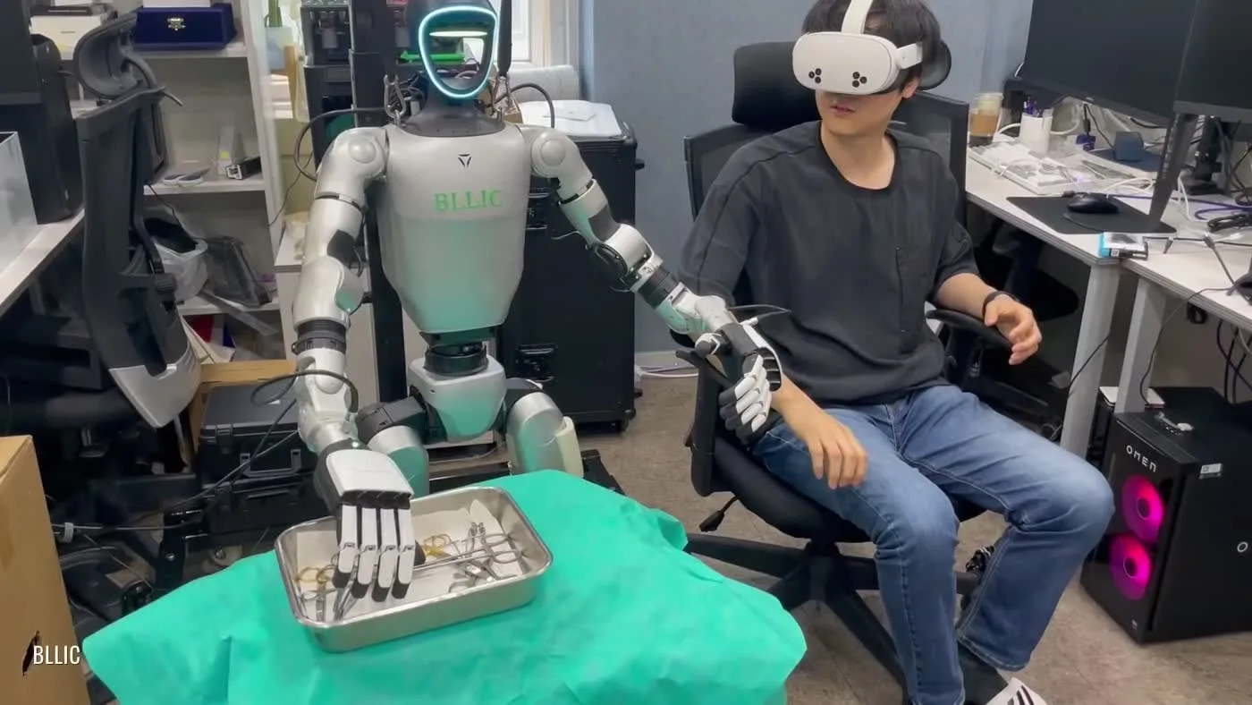 Operator controlling Unitree G1 humanoid robot in a lab setting showing the self-service rental control model for US events