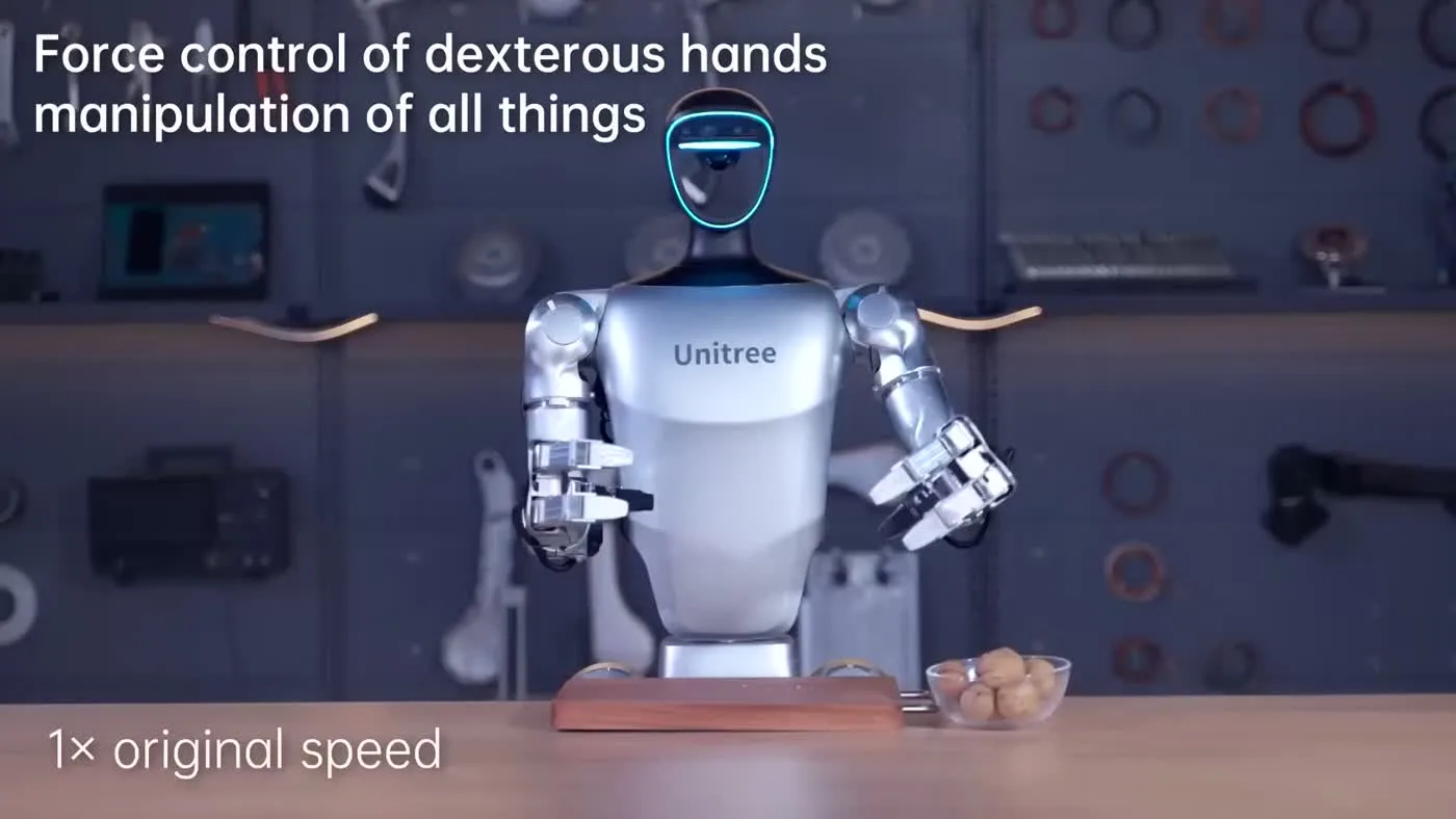 Unitree G1 humanoid robot at a demonstration station with dexterous hands extended for a brand event activation