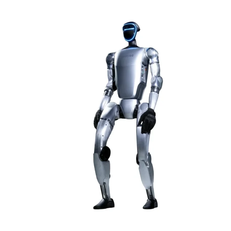 Unitree G1 humanoid robot in chrome silver finish standing in product shot showing the body proportions buyers receive