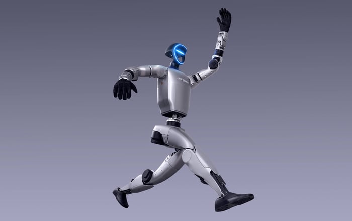 Unitree G1 humanoid robot in dynamic running pose representing the variant lineup buyers can choose from in 2026