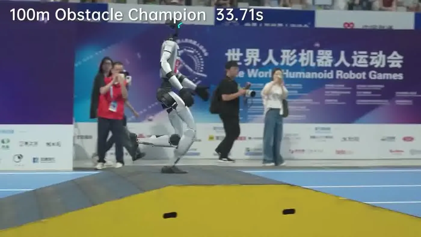 Unitree G1 humanoid robot performing interactive demo showing 41 DOF dexterous motion at trade show event