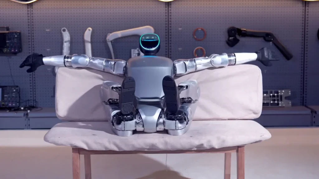 Unitree G1 humanoid robot floor recovery sequence — bipedal robots use complex algorithms to rise from the ground